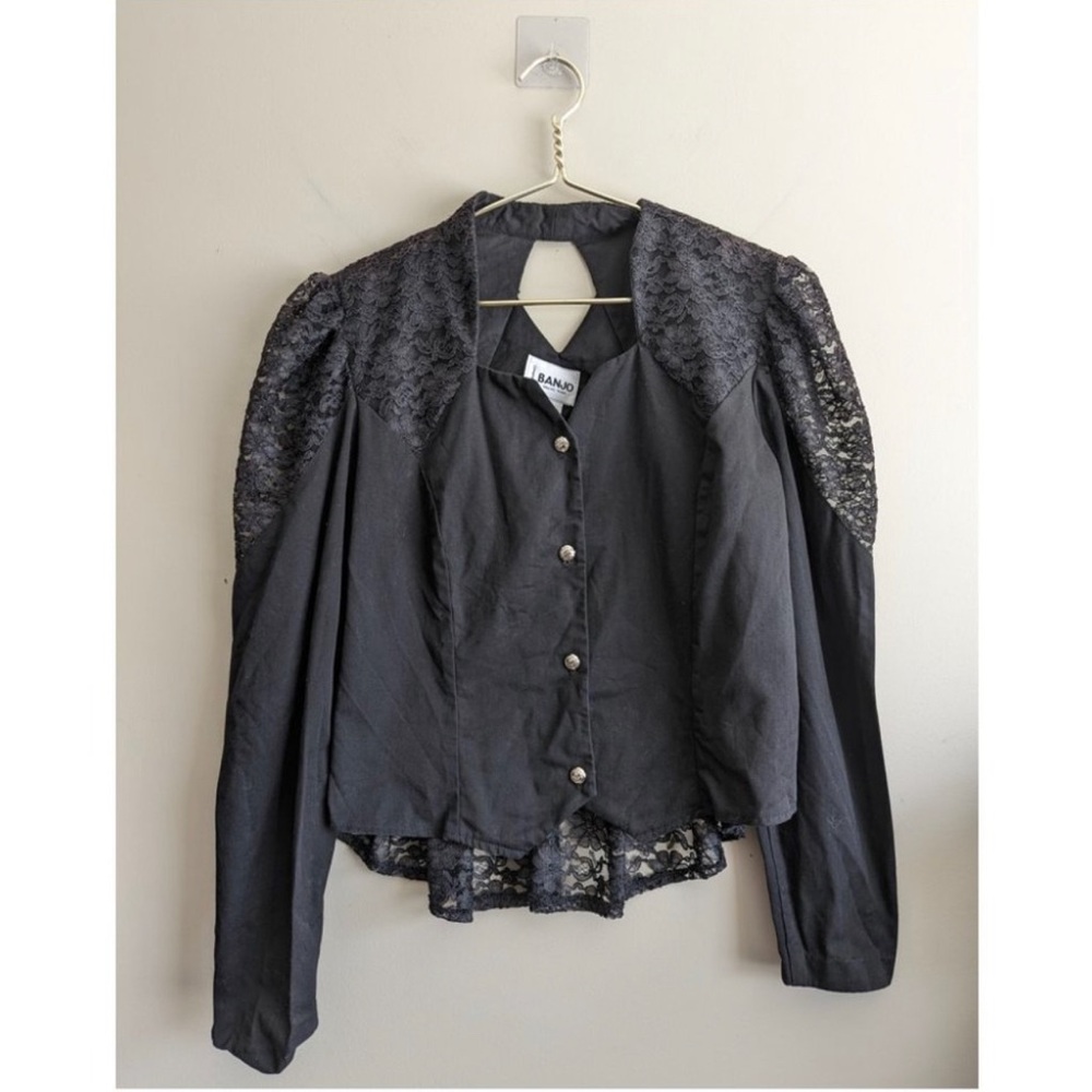 Vintage Banjo Texas Cowgirl Western Retro Peplum Poplin Blouse with Lace L XL